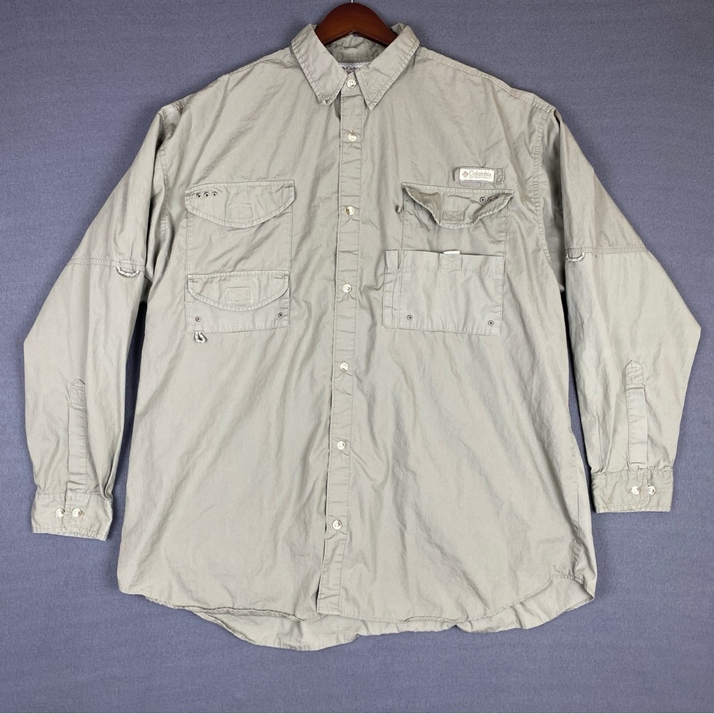 Columbia PFG Fishing Shirt Men’s 2XL Tan Long Sleeve Button Up‎ Vented Utility